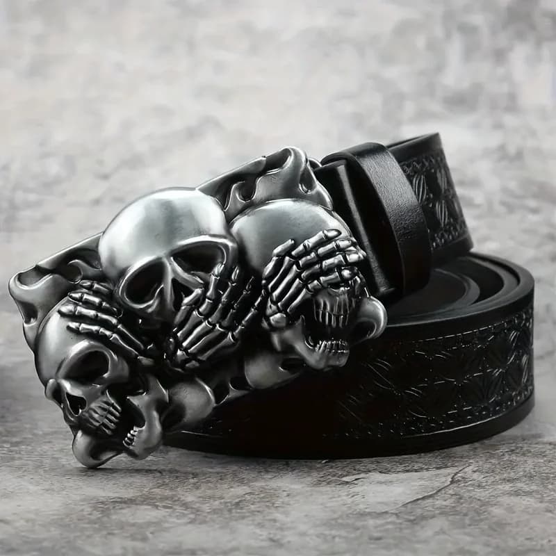 1 Western Cowboy Ancient Silver Multiple Ghost Head Skull Large Plate Buckle Belt Trendy Retro Society Young Men Punk PU Leather