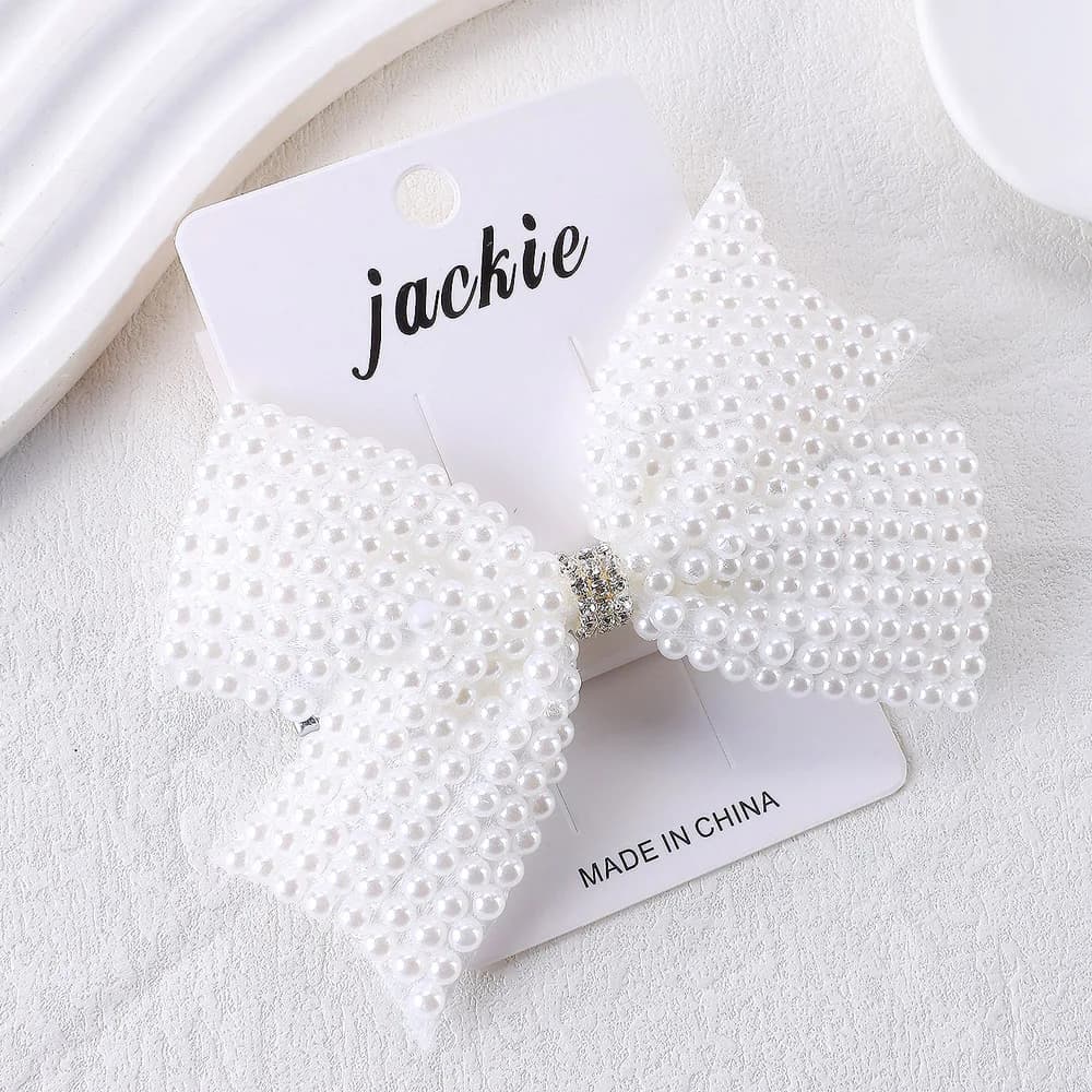 Trendy White Pearls Bow Hair Clips Sweet Beads Rhinestone Hairpin Bownot Barrette For Girl Children Korean Headdress Accessories