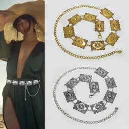 Vintage rectangle Craved Metal Waist Chain for Women Western Cowboy High Quality Luxury Designer Exquisite Golden Chain Belt