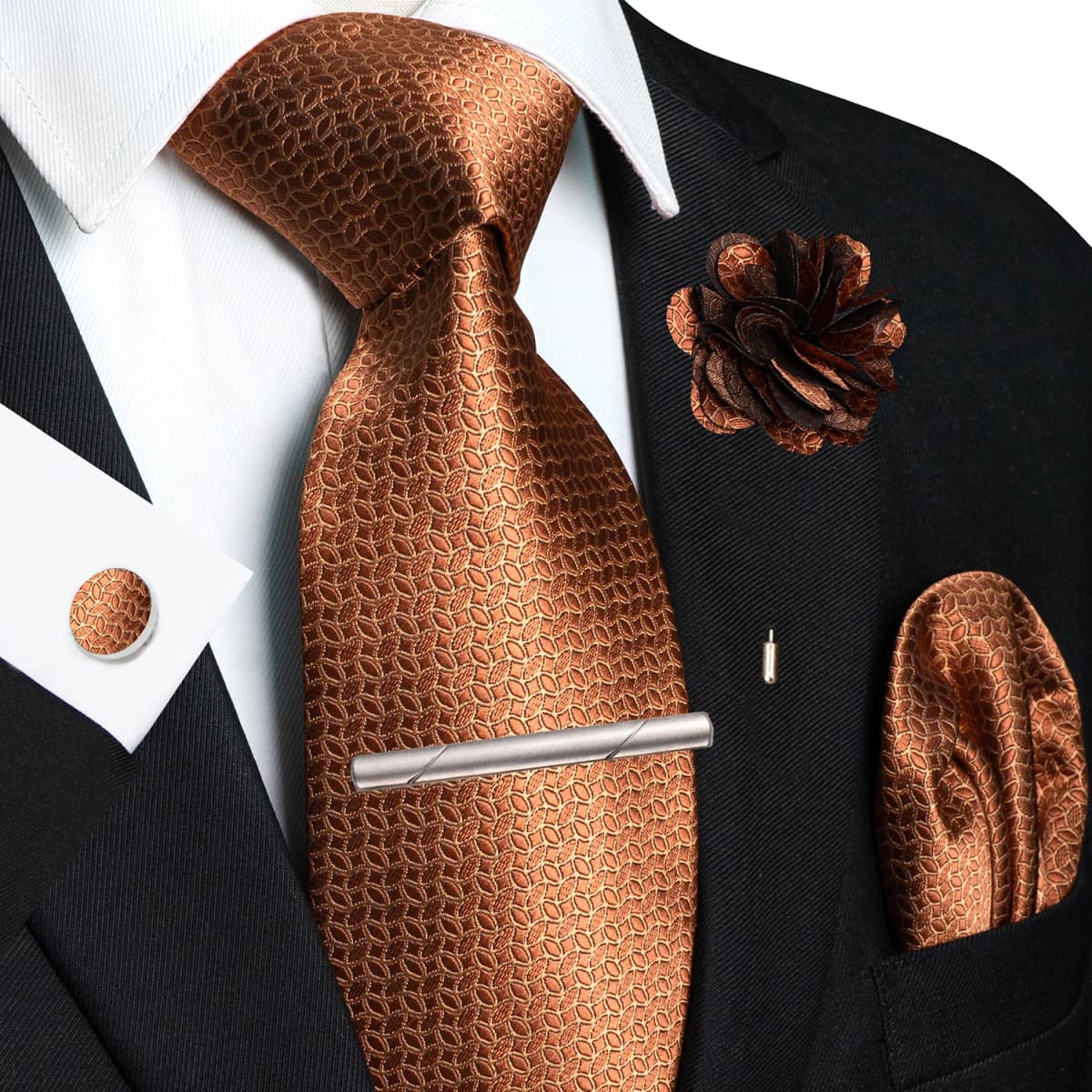Brown Yellow Plaid Ties For Men Luxury 8cm Silk Tie Pin Pocket Square Cufflinks Tie Clip Set Business Party Wedding Accessories