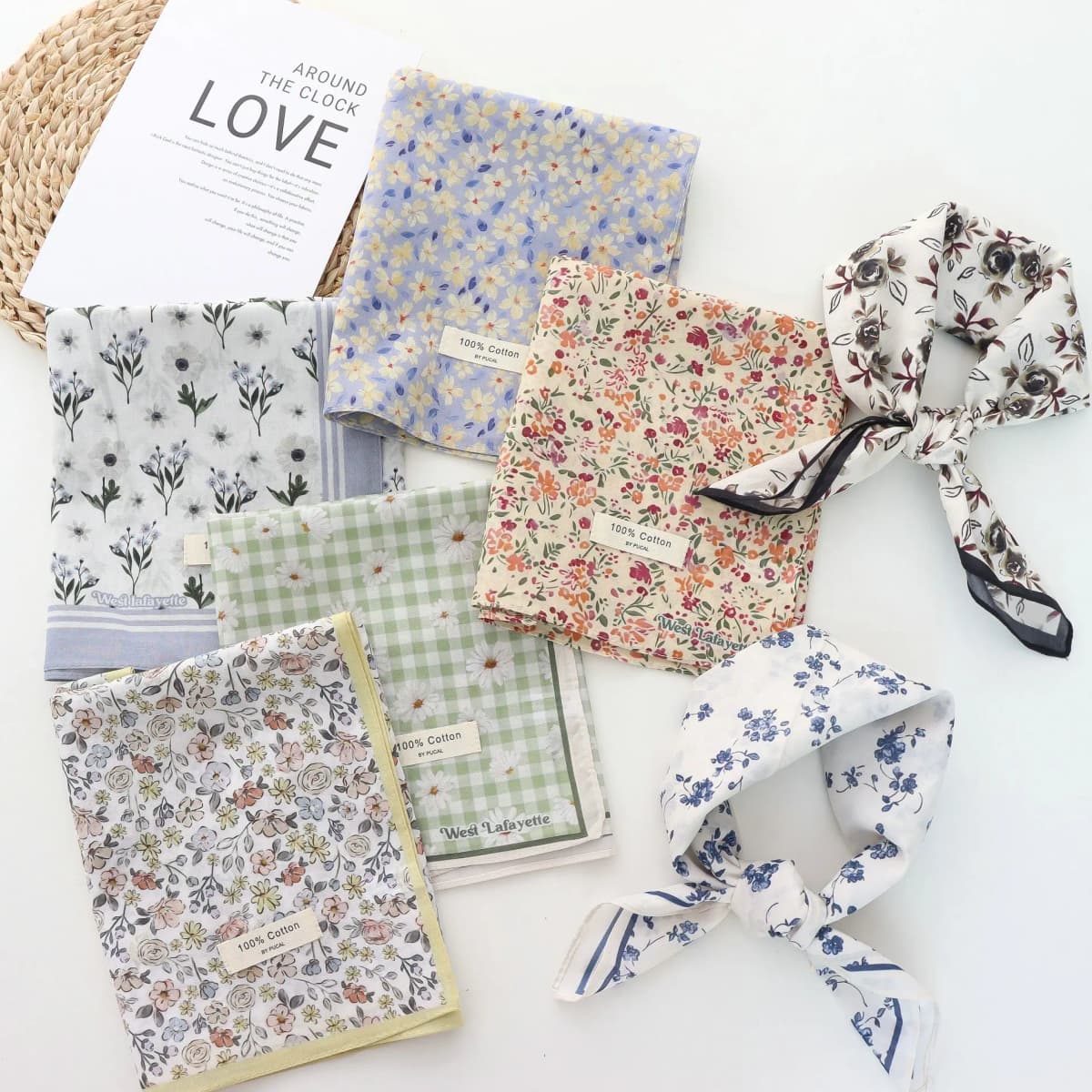 2025 Korean Style All-Matching Floral Square Scarf Cotton Small Scarf Retro Women's Thin Fresh Decoration Silk Scarf Headband