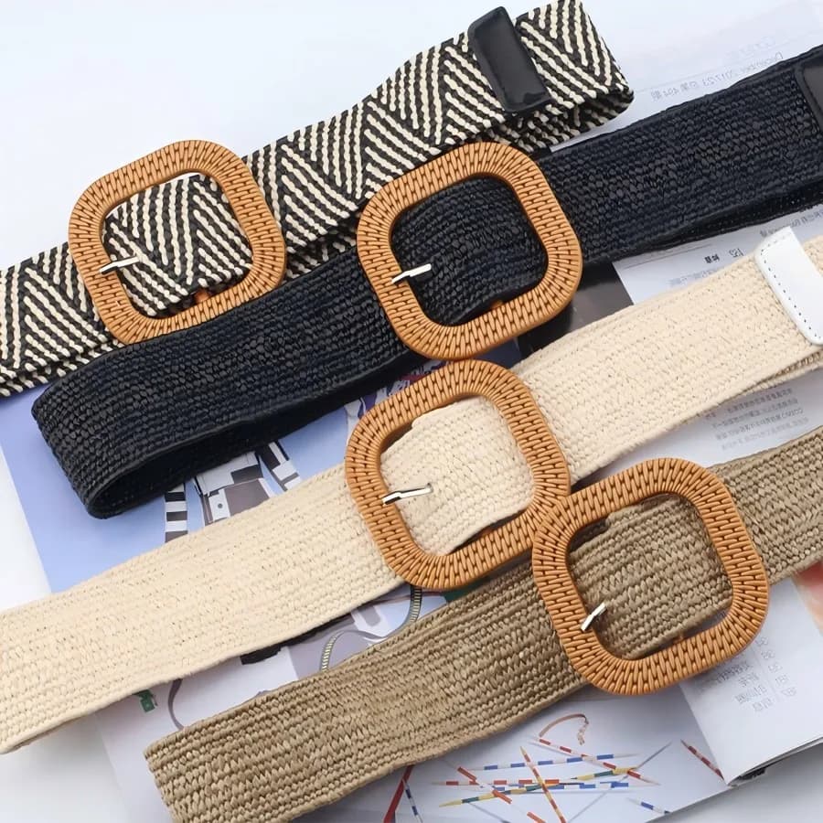 Striped elastic waistband for women's fashion square buckle elastic weaving bohemian style PP grass wide waistband
