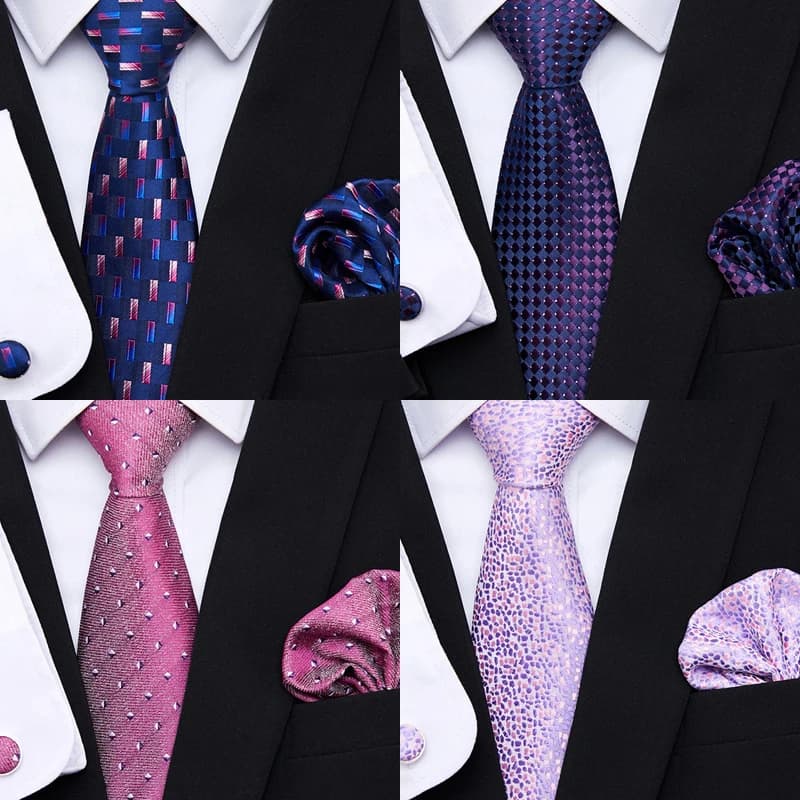 Hot Sale 7.5 cm Tie Pocket Squares Cufflink Set Necktie Pink Purple Hombre Printed Formal Clothing Accessories Fit Party
