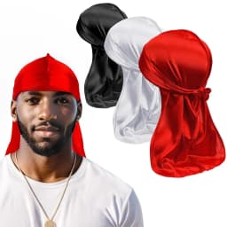 3PCS/LOT Men's Silky Durag Shower Cap Bandana Satin Du Rag Doo Rag Outdoor Travel Street Long Tail Wave Cap Bathroom Accessories