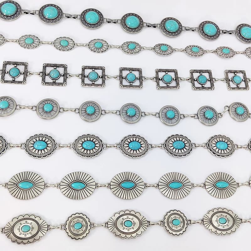 Fashion Silver Bohemian Female Circular Waist Chain Luxury Blue Gemstone Ellipse Chain Belts for Women Suitable for Skirts Dress
