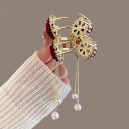 1pc Vintage Elegant Red Flocked Rose Tassel Hair Clip Stylish Ponytail Claw Crab Clip for Girls Women Delicate Hair Accessories