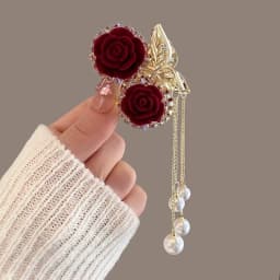 1pc Vintage Elegant Red Flocked Rose Tassel Hair Clip Stylish Ponytail Claw Crab Clip for Girls Women Delicate Hair Accessories