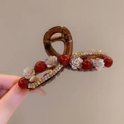 1pc Rose Red Pearl Clip Women's Autumn and Winter New Fashion Style, Back of the Head Plate Hair Clip Hair Accessory