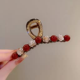 1pc Rose Red Pearl Clip Women's Autumn and Winter New Fashion Style, Back of the Head Plate Hair Clip Hair Accessory