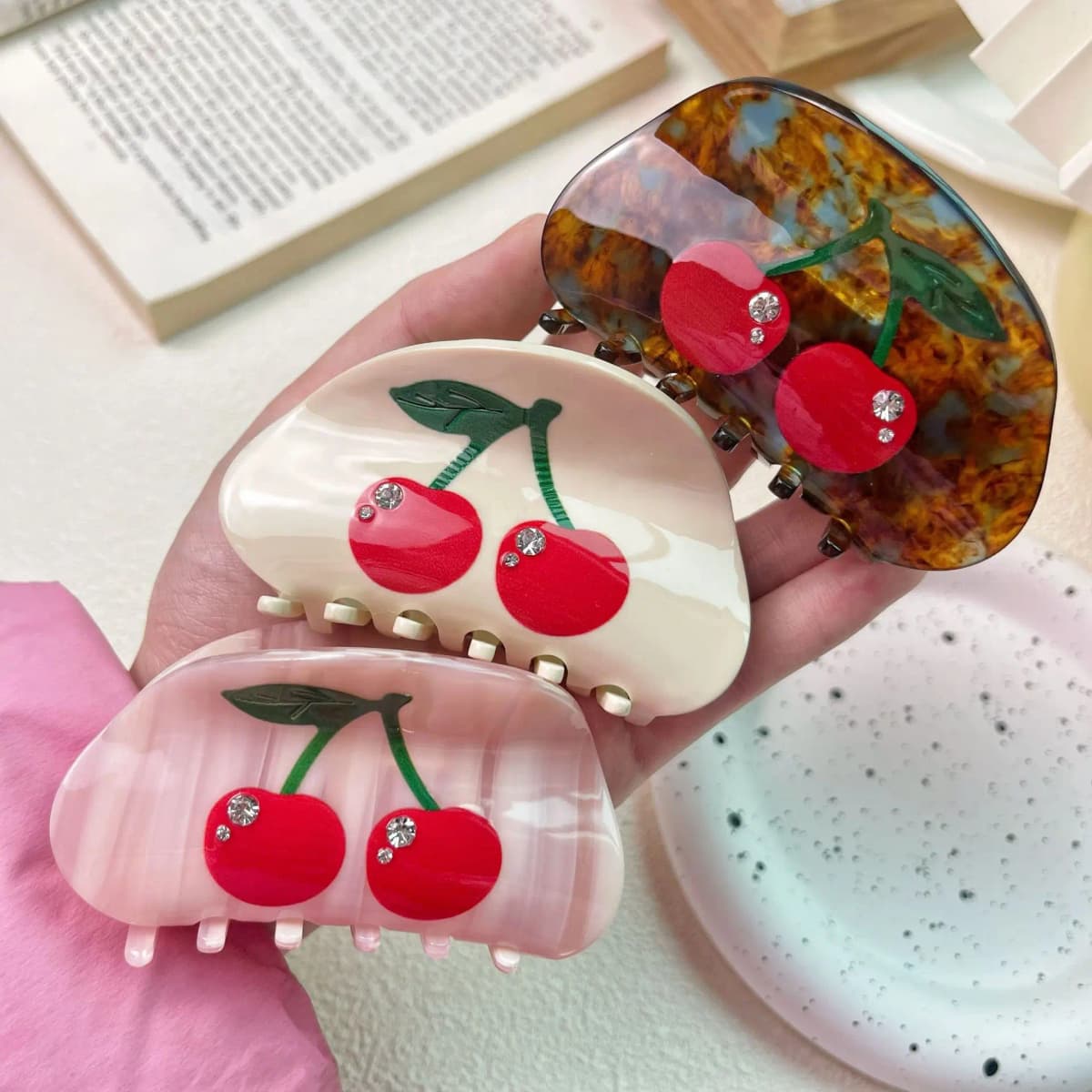 1pc Japanese and Korean acetate grab clips, cute fruits, cherry hairpins, temperament rhinestones back of the head, hair claw