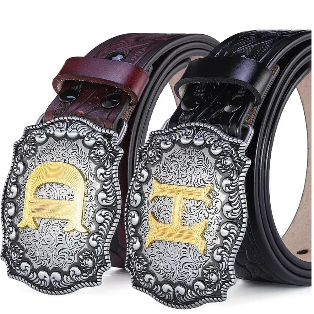 Western Belt Men Genuine Leather Belts for Men Women Cowboy Cowgirl Big Letters Buckle Gold Male Belts Long Black Brown Quality