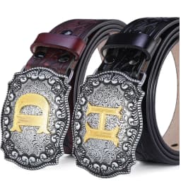Western Belt Men Genuine Leather Belts for Men Women Cowboy Cowgirl Big Letters Buckle Gold Male Belts Long Black Brown Quality