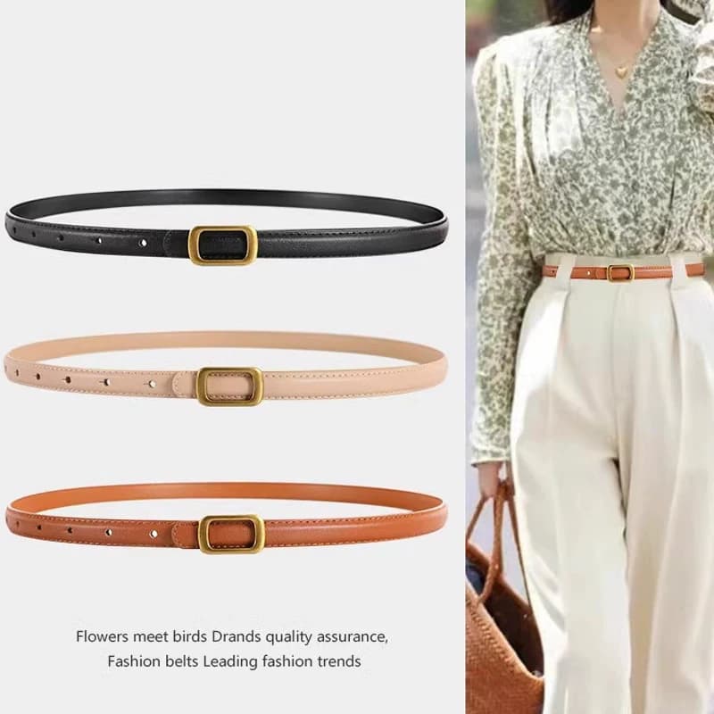 New Thin Genuine Leather Belt for Women Stylish Waist Accessory with Metal Square Buckle Perfect for Dresses Jeans