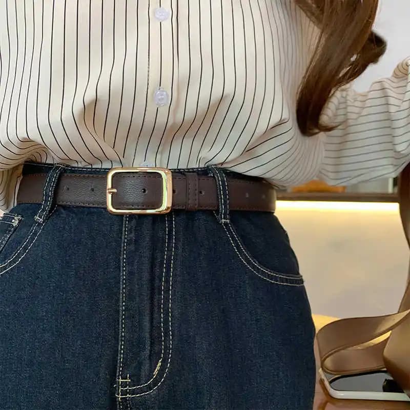Women's Black Leather Belt Versatile High-End Retro Style Casual Waist Accessory for Jeans Summer Student Fashion