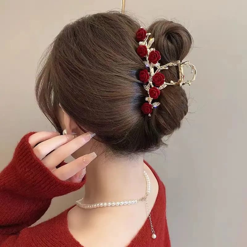 Rose Flower High-End Hairpin, New Rose French Style Elegant Back-Of-Head Clip, Metal Hair Accessory for Updos, Shark Clip