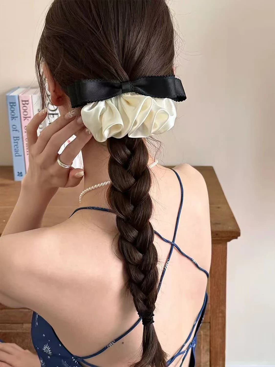 1pc sweet lace satin pleated bow hair clip, French elegant and versatile spring clip, fashion new contrast design spring clip