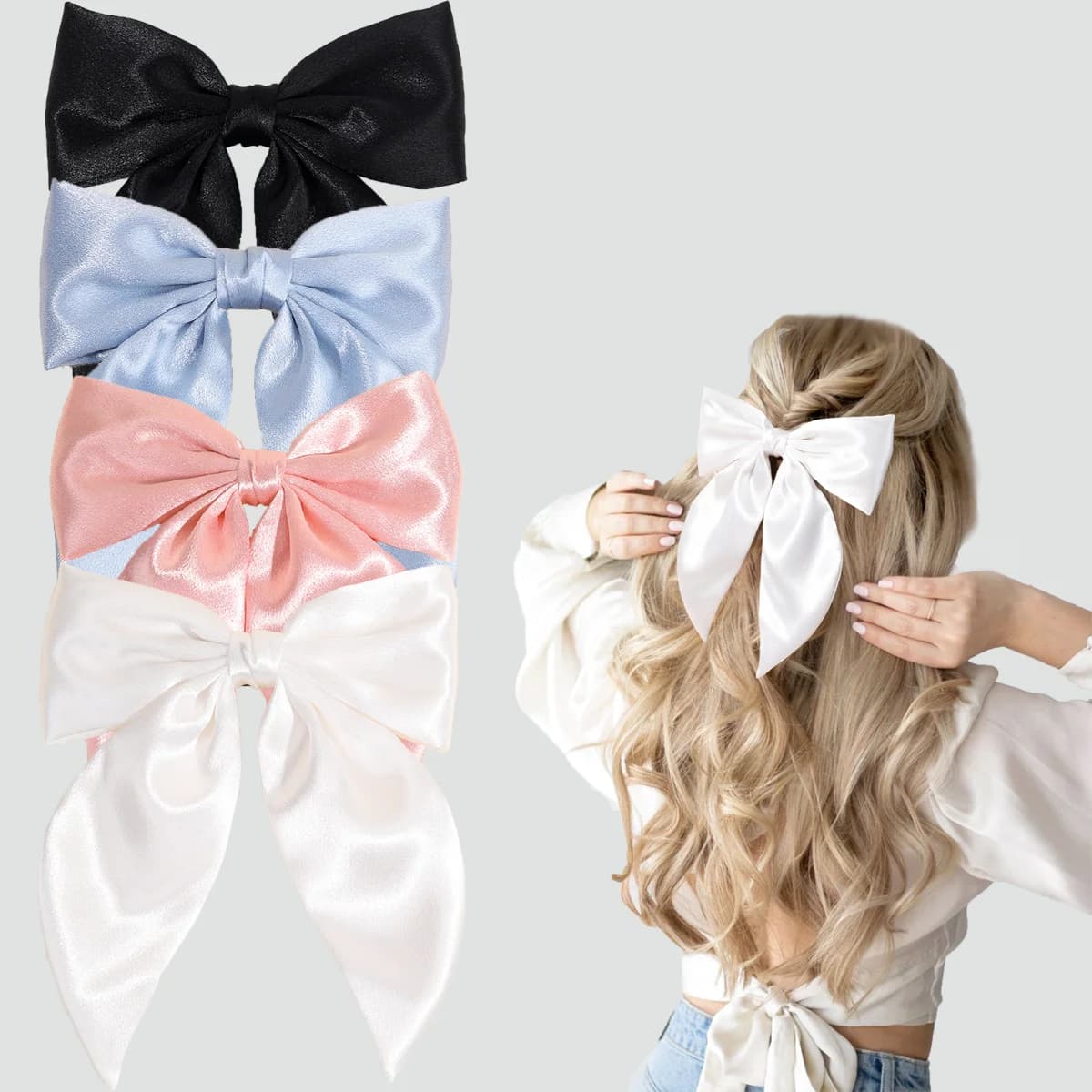 Chiffon Bow Hair Clip Women Medium Bowknot Satin Hairpin Barrettes Girls Solid Color Ponytail Hair Accessories Headwear Gift