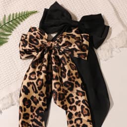 Set of 2 Satin Leopard Solid Color Bow Long Floating Spring Clip Headdress Hair Accessories Solid Color Leopard Boho