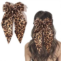 Set of 2 Satin Leopard Solid Color Bow Long Floating Spring Clip Headdress Hair Accessories Solid Color Leopard Boho