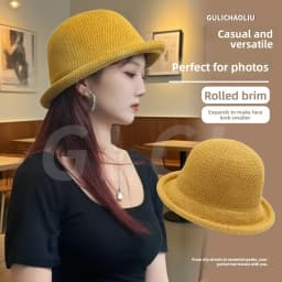Casual Knitted Cotton Linen Bucket Hat Women's Fashionable Korean Style Curly Fisherman Cap Short Brim Versatile Leisure...
