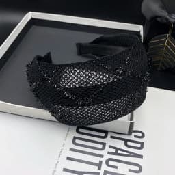 Spring/Summer Black Mesh Headband for Women Extra Wide Hairband Cross Design Elegant and Fashionable Hair Bands Shining Plaid