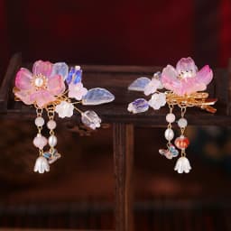 Retro Chinese Style Pink Flower Hairpins Side Clips Pearls Pendant Hair Pin Floral Headpieces Women Girls Daily Hair Jewelry