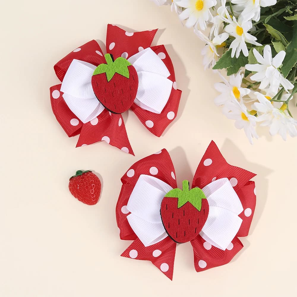 2Pcs Strawberry Hair Clip Sweet Polka Dot Ribbon Fashion Bow Barrettes For Girl Children Baby Trendy Korean Accessories Headwear