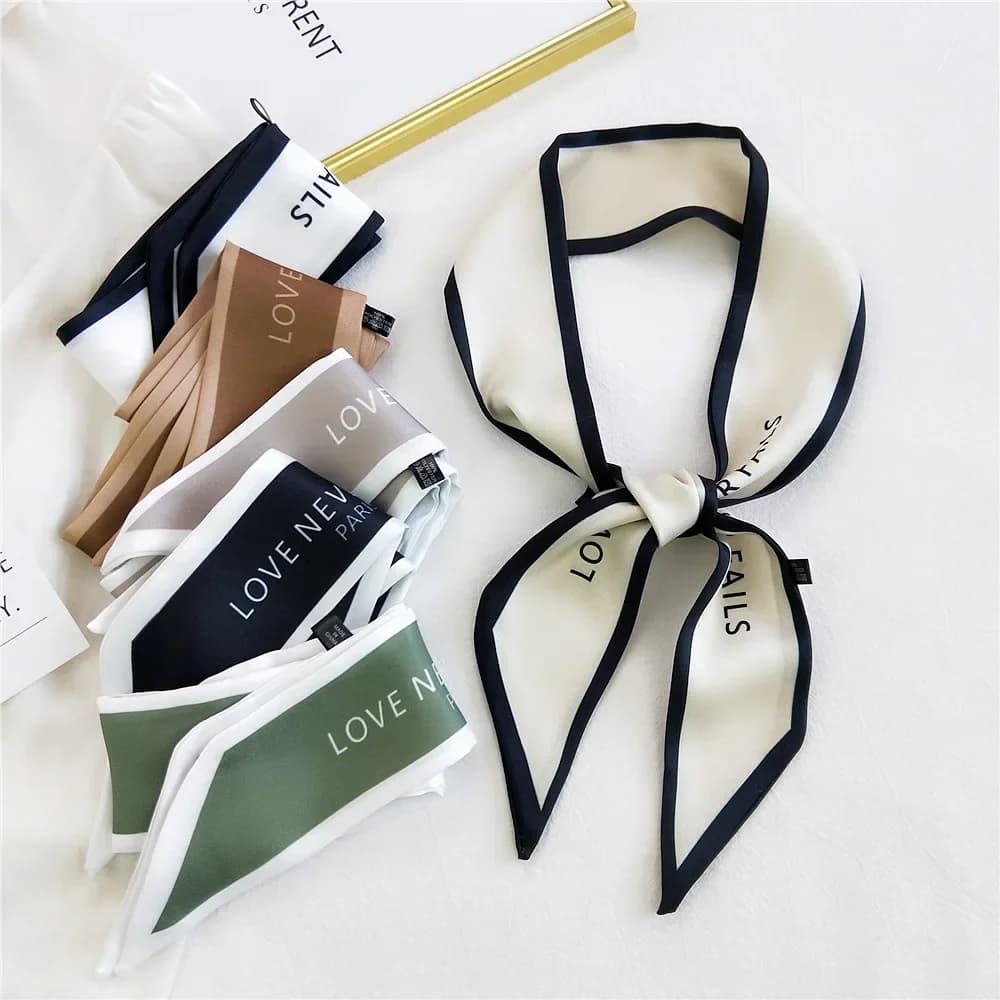 Fashion Women Hair Scarf French Elegant Narrow Long Scarf Satin Silk Bow Tie Letter Print Bag Ribbon Headband Scarves