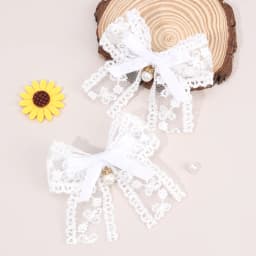 2Pcs Flower Embroidery Bow Hair Clips Sweet Elegant White Lace Net Ponytail Hairpin Girls Kids Children's Headdress Accessories