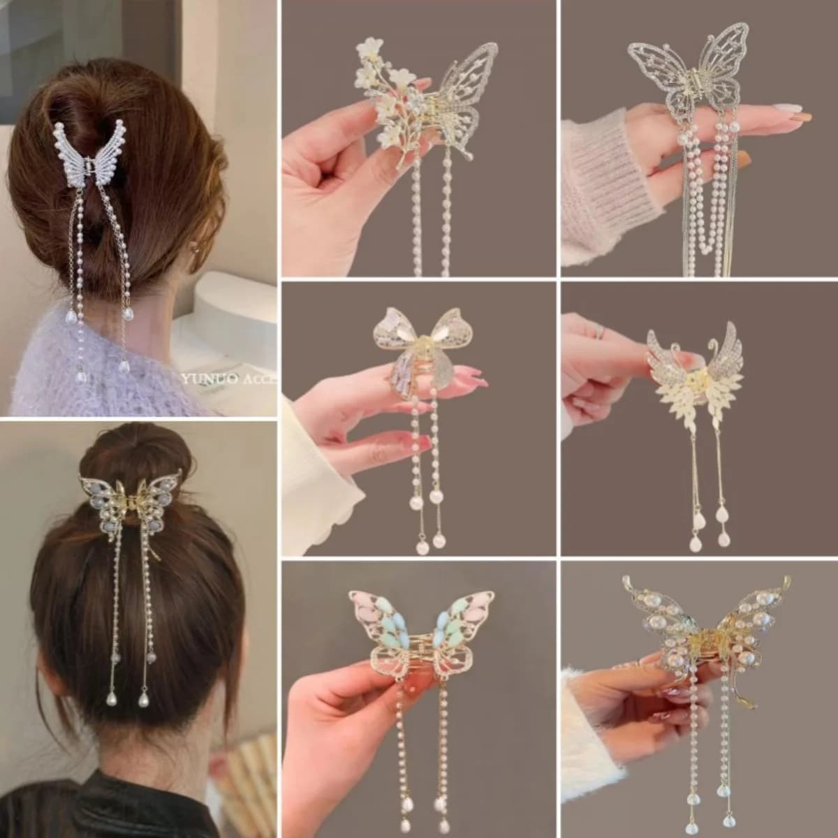 Glitter Shark Grip Clips Korean Style Sweety Romantic Hair Claws Butterfly Shape Girls Pearl Tassel Metal Jewelry Hair Accessory