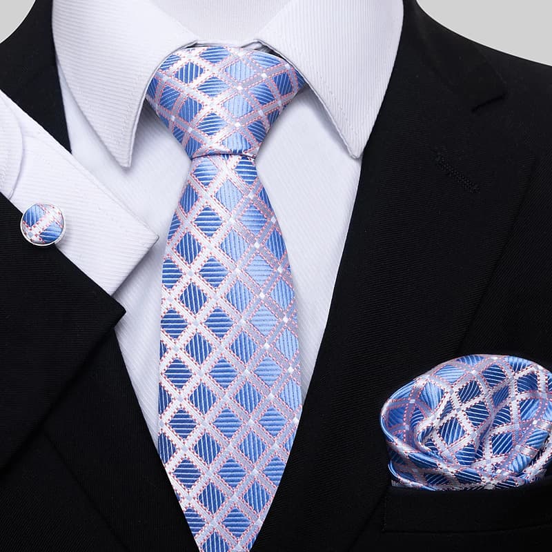 Fashion Brand Hot Sale Blue Plaid 8 cm Tie Pocket Squares Cufflink Set Necktie Men Wedding Accessories Fit Formal Party