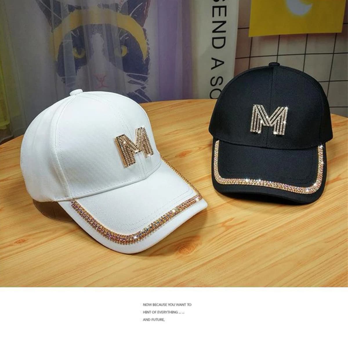 Female Baseball Cap Letter M&d Rhinestones Korean Version Of Female Leisure Hat Outdoor Sports Motorcycle Cap Street Wind Visor