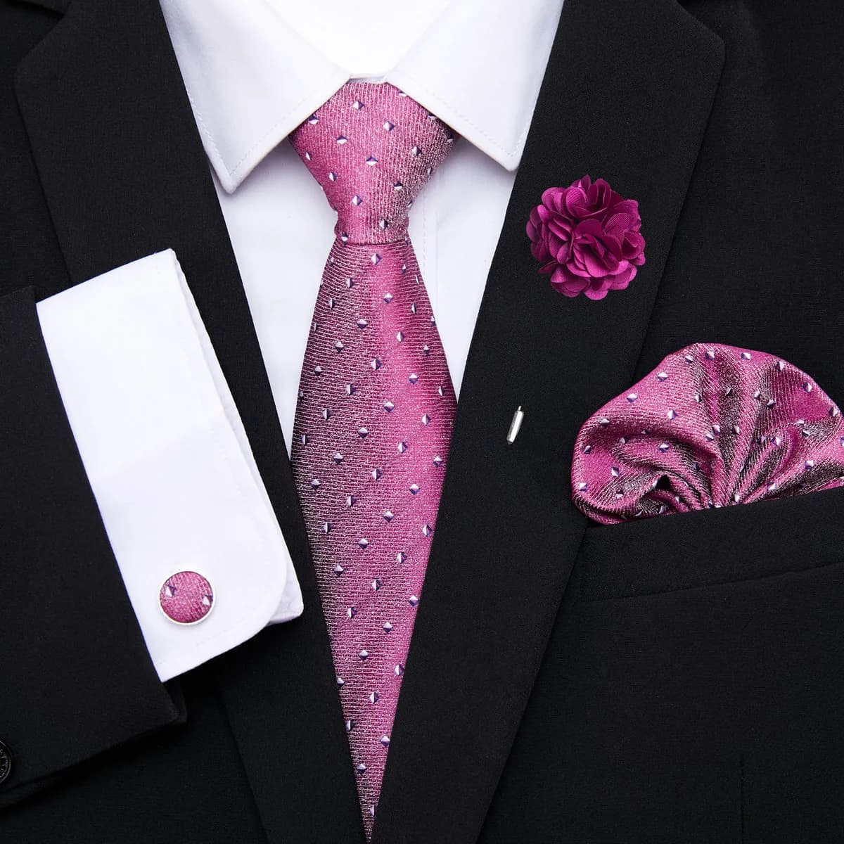 Great Quality Pink Floral Bow Tie Pocket Squares Cufflink Brooch Clip Pin Set Man Necktie Suit Accessories Birthday Gift