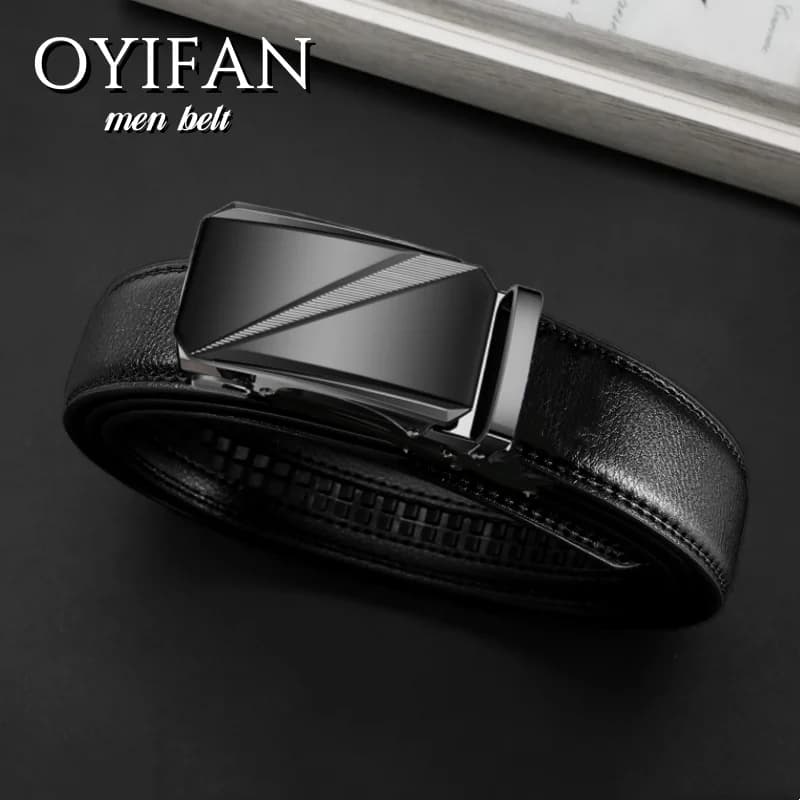 3.5cm Width High Quality Genuine Leather Men's Business Belt Metal Automatic Buckle Ratchet Black Brown