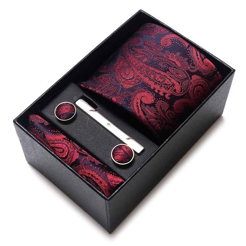 Holiday Gift Box Brand Tie Handkerchief Cufflink Set For Men Necktie Red Paisley Suit Acessorisess Fit Wedding Gravats
