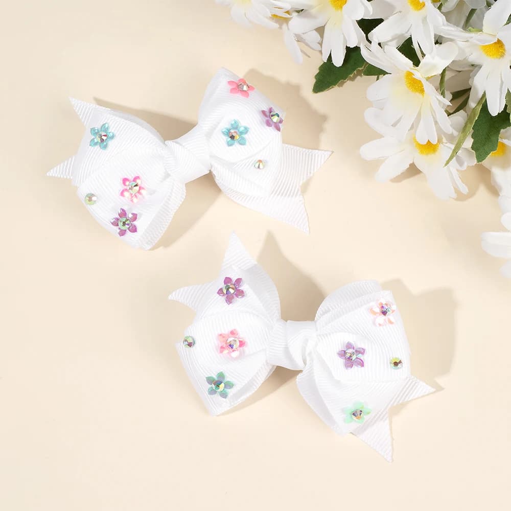 2Pcs Bow Hair Clip Rhinestone Flower Ribbon Solid Color Simple Barrette Baby Girl Kid School Play Party Accessories Hairpin Gift