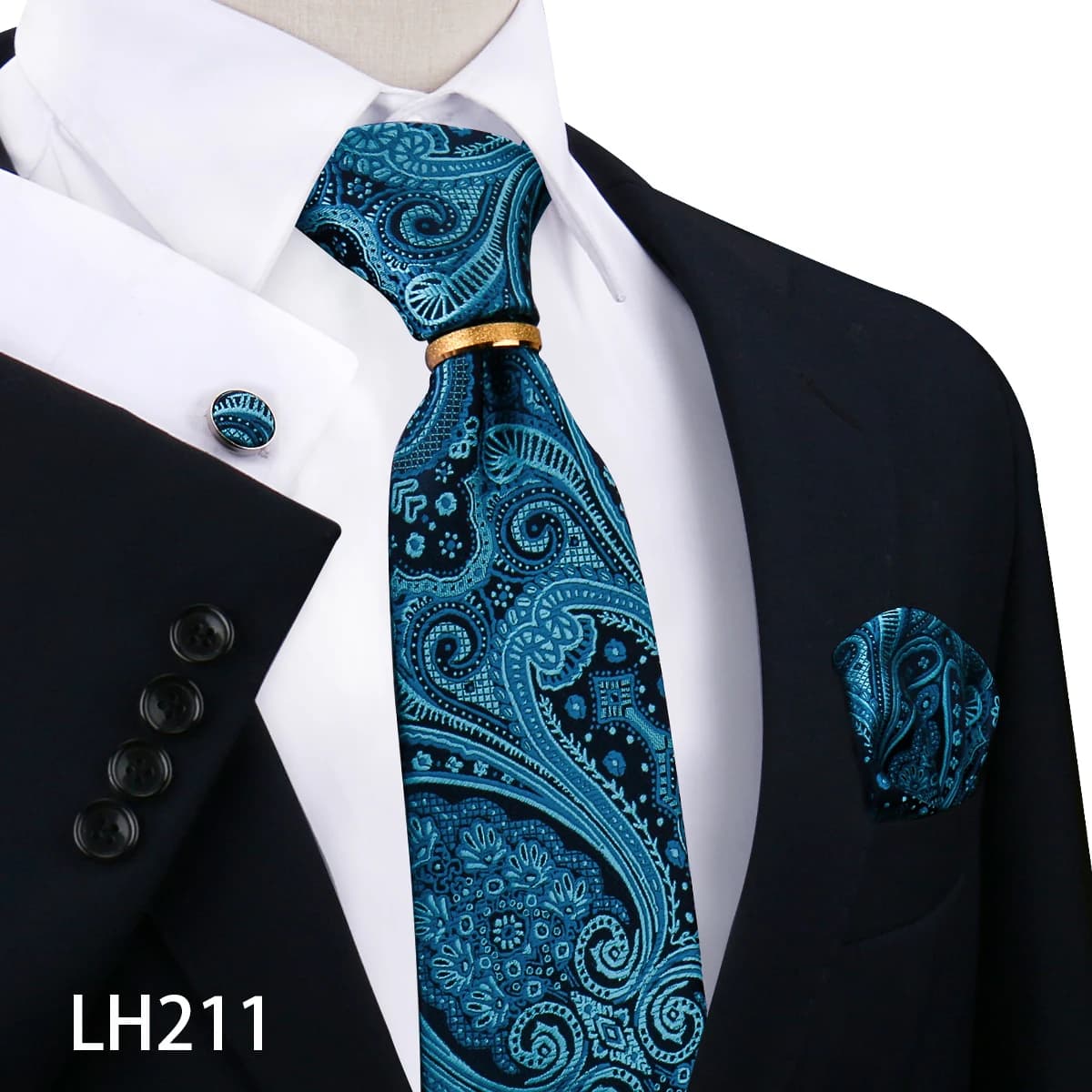 Men Tie Ring Gold Metal 8cm Necktie For Man Handkerchief Cufflinks Metal Ring Brooch Pin Set Luxury Wedding Party Ties Gifts