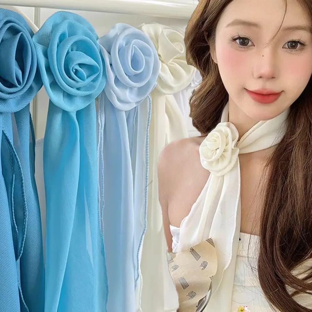 Fashion Luxury Chiffon Scarf Elegant Trendy Floral Scarf Shawl Versatile Detachable Rose Decor Neck Scarf For Women Girls Gifts