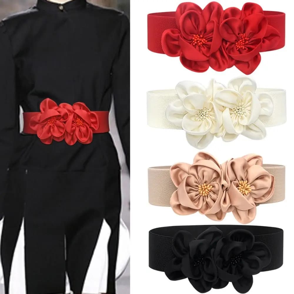Women Fashion Floral Wide Elastic Belt Casual Trendy Waist Band Chic Ladies Dress Cummerbands Skirt Dress Coat Decor Accessories