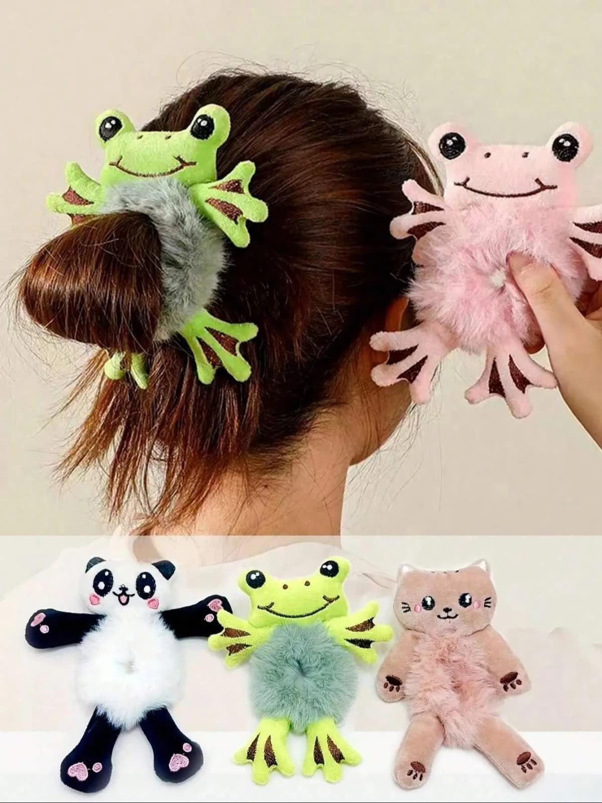 Women's Cute Cartoon Frog&Panda&Yellow Duck Plush Hair Ties, Ponytail & Bun Hairstyle Accessories With Elastic Bands For Women