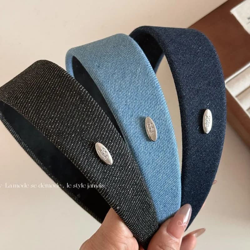 Sweet and Cool Denim Silver Small Round Label Light Blue Thin Headband Women's Daily New Retro Niche Advanced Face Wash Headband