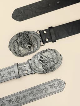 Men Vintage Western Wolf Buckle Streetwear Casual Pu Leather Belt