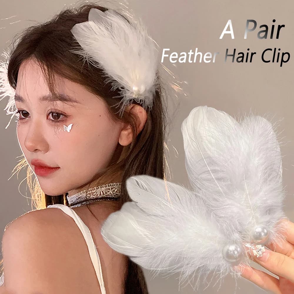 2pcs/Set Black White Color Feather Hair Clips Pearl Plush Ballet Girl Alligator Barrettes Elegant Headwear For Party Performance