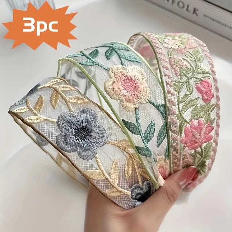 1/3pcs Elegant Chiffon Embroidery Flower Hairband – Sweet Floral Headband Turban Hoop for Women Fashion Hair Accessories