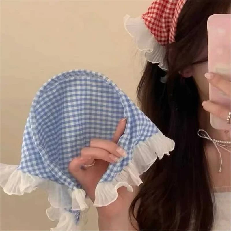 1 country-style lace headband, new triangular headband, French retro checkered sweet and cute headscarf