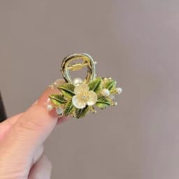 Temperament Green Leaf Shell Flower Small Hair Grab High-end Back of Head Half-tied Hair Claw Alloy Female Pearl Headdress
