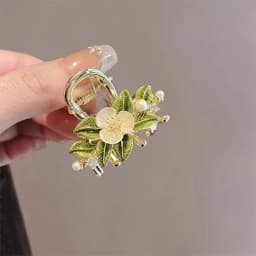 Temperament Green Leaf Shell Flower Small Hair Grab High-end Back of Head Half-tied Hair Claw Alloy Female Pearl Headdress