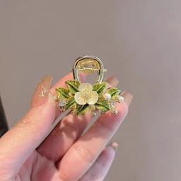 Temperament Green Leaf Shell Flower Small Hair Grab High-end Back of Head Half-tied Hair Claw Alloy Female Pearl Headdress
