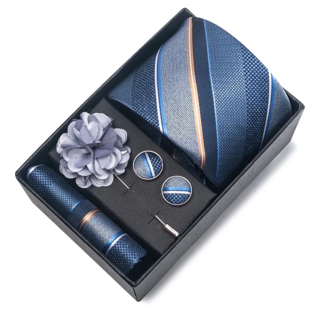 2025 New Design Brand 8 cm Blue Striped Tie Handkerchief Cufflink Brooch Set Man Gift Box Wedding Gift Fit Formal Party
