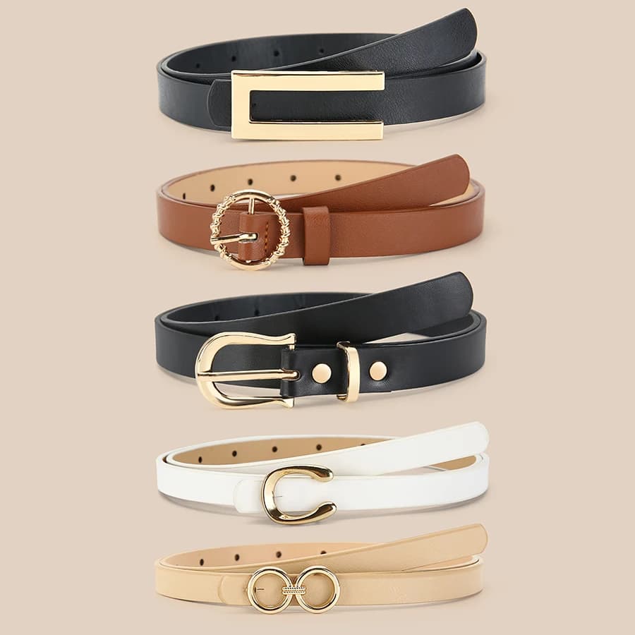 5pcs Belt Women Fashion PU Leather Thin Belts with Alloy Buckles in Solid Color Simple Pin Buckle Thin Belt For Jeans Dresses